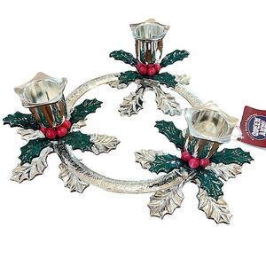 VINTAGE QUEEN ANNE SILVER PLATED 3-LIGHT HOLLY CANDLE CENTERPIECE*NIB* Christmas